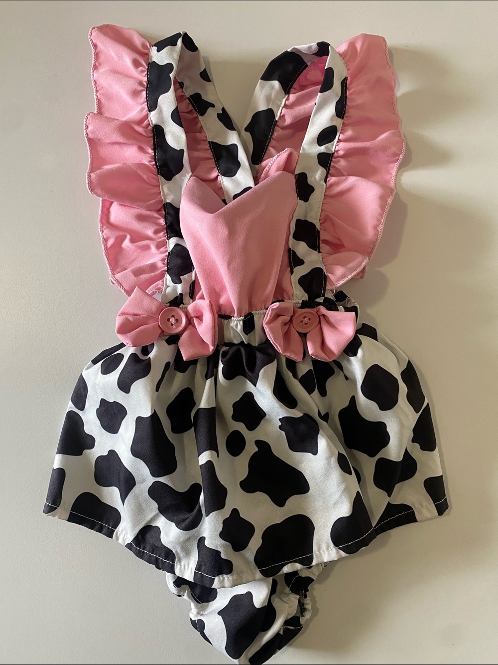 SHEIN Black & White Cow Print Pink-Trim Baby Romper